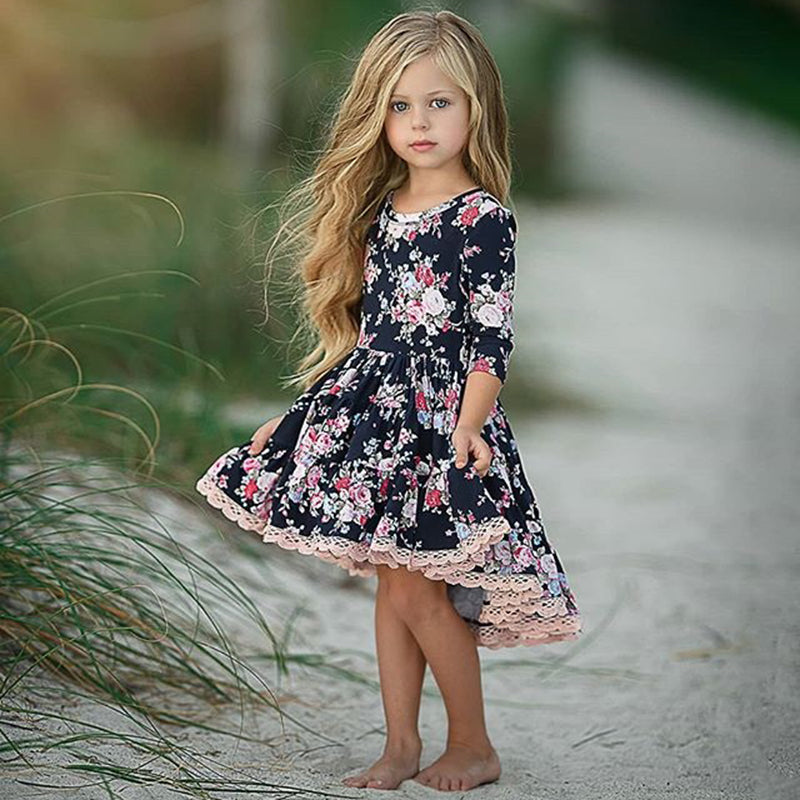 Girls Trim Dress | Girls Floral Print Lace Decor Trim Dress – Wild ...