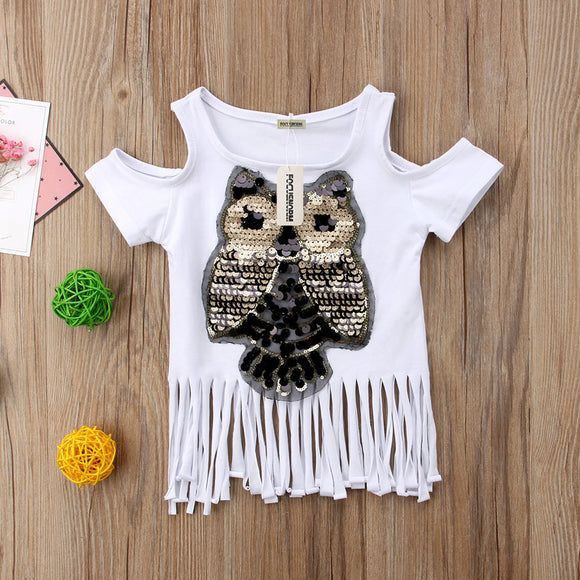 Girls Sequins Owl Tassel T-Shirt - Wild Child Closet