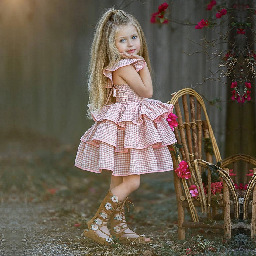 Girls Triple Ruffle Checkered Dress